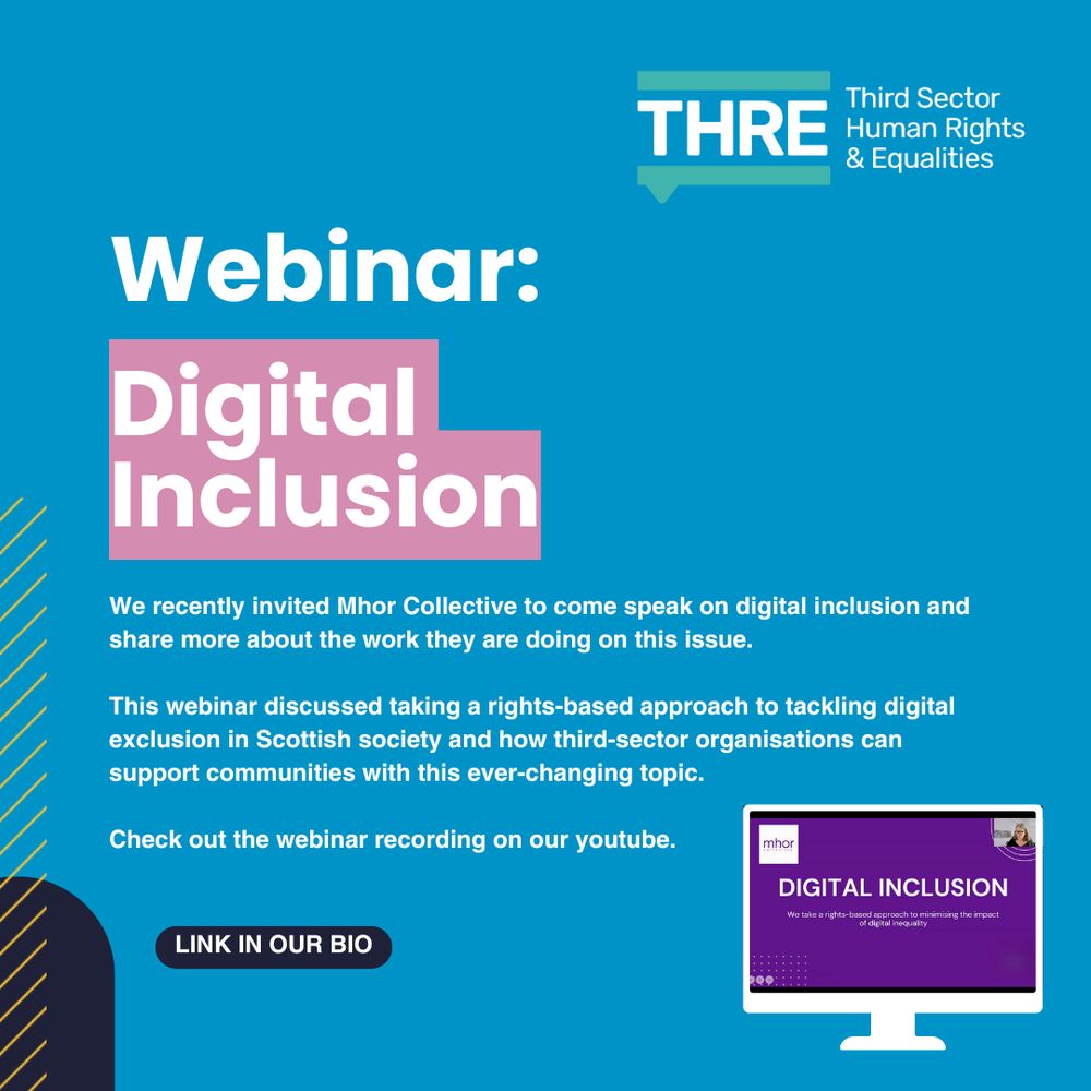 Webinar: digitial inclusion. We recently invited Mhor Collective to come speak on digital inclusion and share more about the work they are doing on this issue.  This webinar discussed taking a rights-based approach to tackling digital exclusion in Scottish society and how third-sector organisations can support communities with this ever-changing topic.  Check out the webinar recording on our youtube. Link in our bio. There is a graphic of a computer in the bottom right of the image with a screenshot of the YouTube video, stating 'DIGITAL INCLUSION'.


