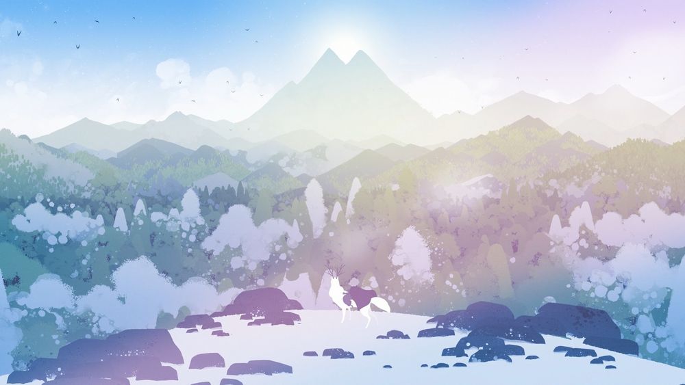 A screenshot from the game Neva, with the protagonist sitting on Neva's back on top of a mountain, looking over a sprawling forest landscape shifting from winter to spring.