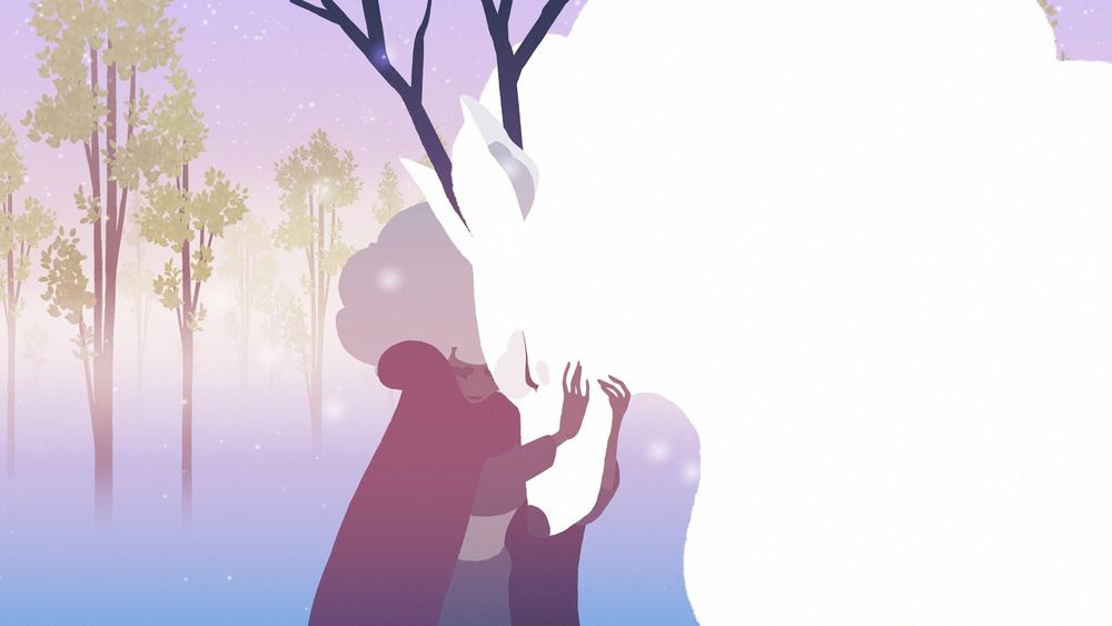 A screenshot from the game Neva, with the protagonist and Neva embracing each other.