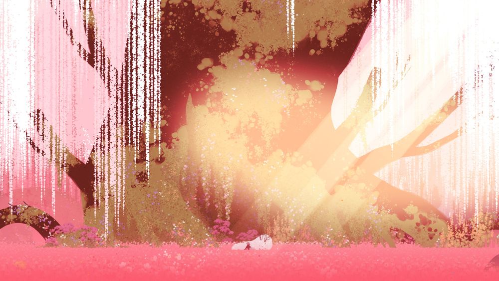 A screenshot from the game Neva, with the protagonist and Neva curled up together on a bed of pink flower petals in front of an enormous tree.