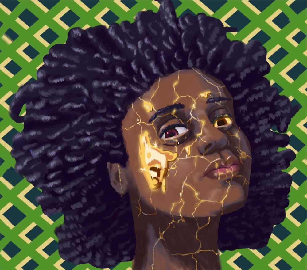 Retrato em pintura digital de uma mulher negra com cabelo crespo em tons de azul, com o rosto virado para a esquerda porém olhando pra frente, e em sua face existem várias rachaduras douradas, além de um grande pedaço de ouro na sua bochecha direita