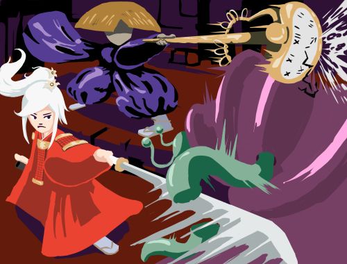 Ilustração para a carta "Retainer Strike", onde um monstro roxo com tentáculos verdes, em pé e de costas, está sendo atacado por uma samurai branca com cabelos longos e brancos, usando um quimono vermelho, cortando um dos tentáculos do monstro com um golpe horizontal de katana, e por um monge com um chapéu de palha que esconde seu rosto, trajando uma peça de roupa que cobre todo seu corpo, atacando o relógio analógico do monstro com uma estocada de sua kakkhara (um bastão dourado de metal com anéis de metal na ponta). O chão onde eles estão é vermelho as paredes são roxas, ambos possuem algumas rachaduras em sua superfície