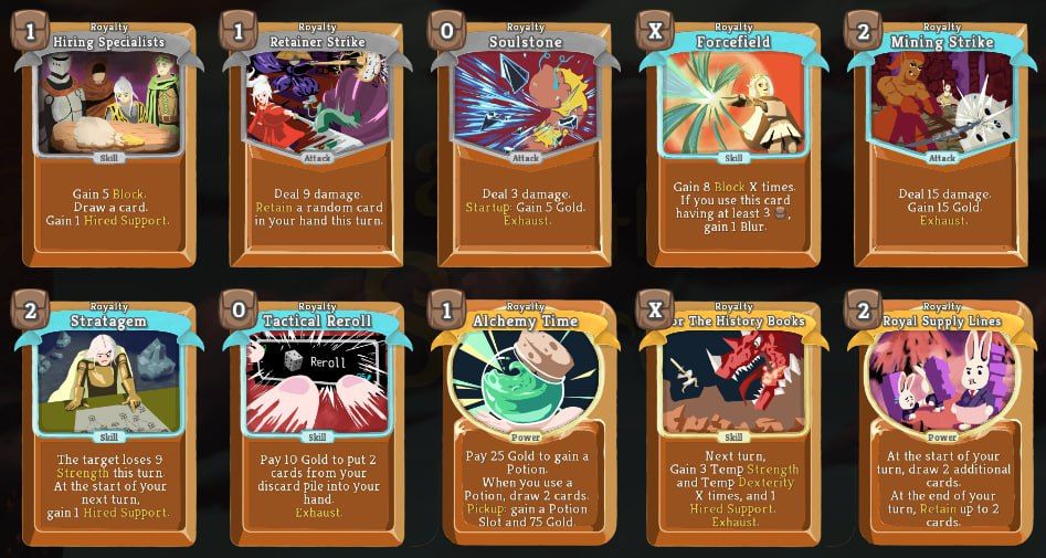 Na imagem, todas as ilustrações em suas respectivas cartas. São dez cartas, cada uma é dourada com o nome da carta, o seu custo na parte superior esquerda numa caixa marrom, e descrição do efeito da carta abaixo da ilustraçao