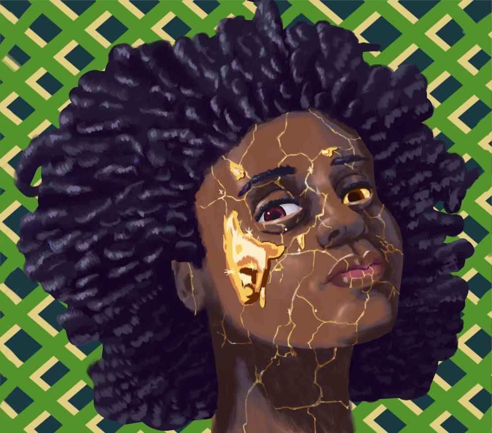 ilustração de uma mulher negra com um grande black power, com o rosto virado para o lado superior esquerdo, com o olhar virado para frente. em sua bochecha direita existe uma grande parte feita de ouro, e seu rosto tem várias rachaduras douradas, e em algumas delas ouro estar vazando, o background da ilustração é verde, amarelo e azul escuro