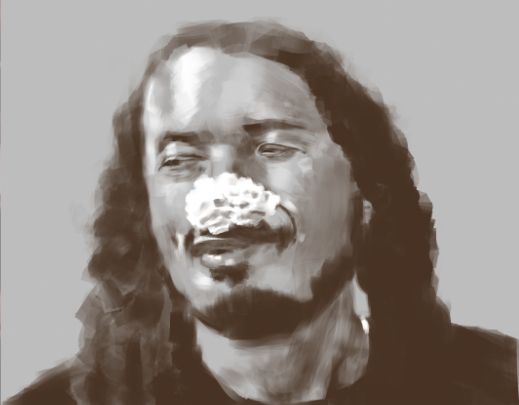 Retrato em pintura digital de fernando "tengu" mucioli, cor preta no fundo cinza. Tengu é um homem de cabelos cacheados abaixo da altura do ombro, possui barba e bigode, e está fazendo com os olhos quase fechados fazendo uma careta e na ponta do seu nariz tem uma grande quantidade de baunilha
