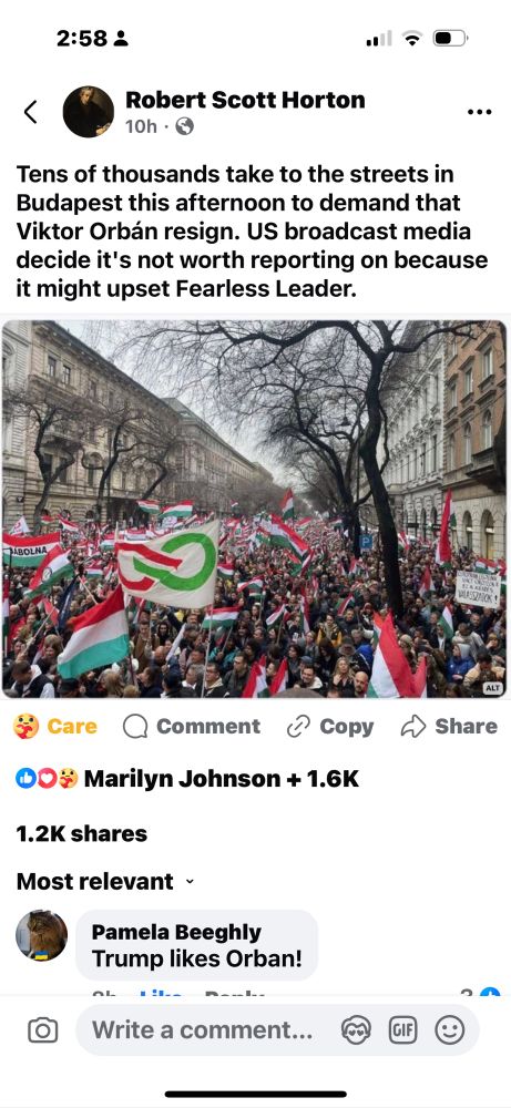 “Tens of thousands take to the streets in Budapest this afternoon to demand that Viktor Orbán resign. US broadcast media decide it's not worth reporting on because it might upset Fearless Leader.”

https://www.google.com/url?q=https://www.rferl.org/amp/hungary-magyar-orban-protests/33349014.html&sa=U&sqi=2&ved=2ahUKEwjRt8DLg46MAxWzvokEHWsqETsQ0PADKAB6BAgSEAE&usg=AOvVaw21D5ueaocElpRbzvnWJbyu