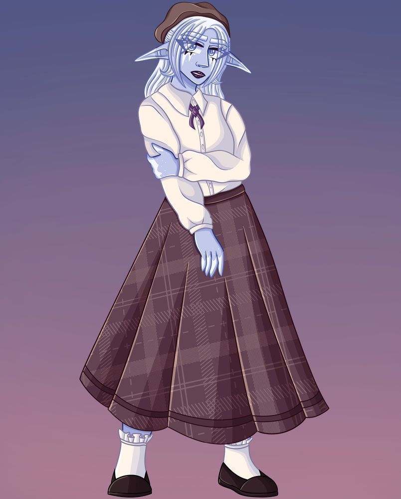 An elf wearing a school uniform: a long skirt, long sleeved button up shirt, socks,  flats, and a hat. She has icy marks under her eyes, and at the tips of her ears and fingers.