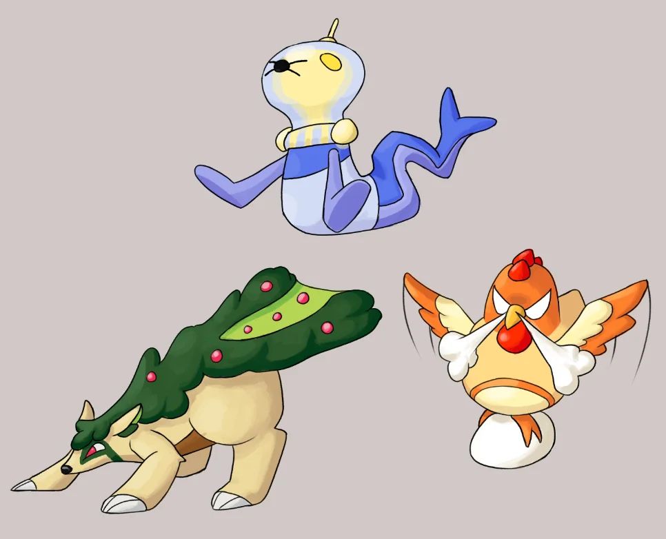 A set of middle starter Fakemon evolutions. The Grass badger now has a berry bush all over it's back, and a wide tail with a patch of grass on it. The chicken is now flapping aggressively with it's tiny wings. it has an extremely angry expression on it's face, with clouds of steam shooting out from it's nostrils. It's carrying a large egg.
The seal appears to have a Lightbulb for a head, with it's facial features pressed tight against the glass. It's tail is now in a zigzag pattern, and it has a collar adorned with yellow electrodes.