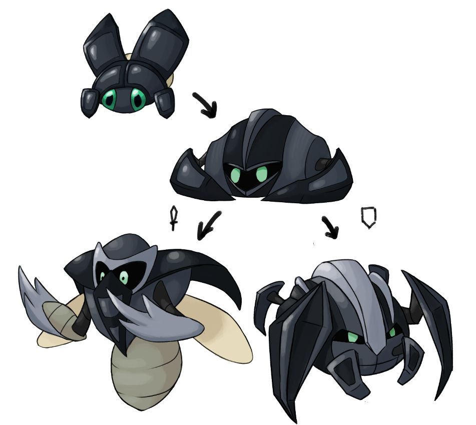 A three stage Bug/steel type pokemon line. The first evolution resembles a beetle with divots in it's carapice. The second evolution has a croissant like shape with two large shield arms. The attack evolution is a large fying bug that only has 2 arms with claws on them. The defense evolution has large armored insect platings on it