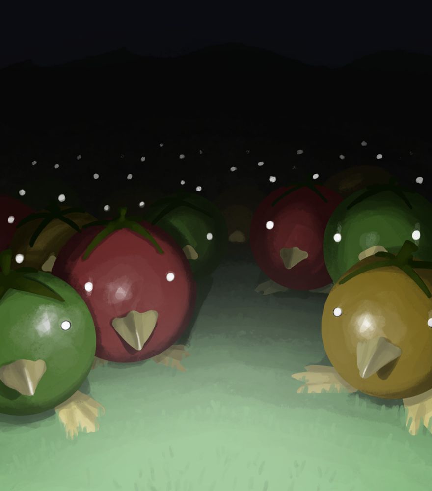 A painting of a light shining a field full of round, berry like animals, with yellow, red, and green color. the animals have beady eyes illuminated by the light, and have beaks and flippers.