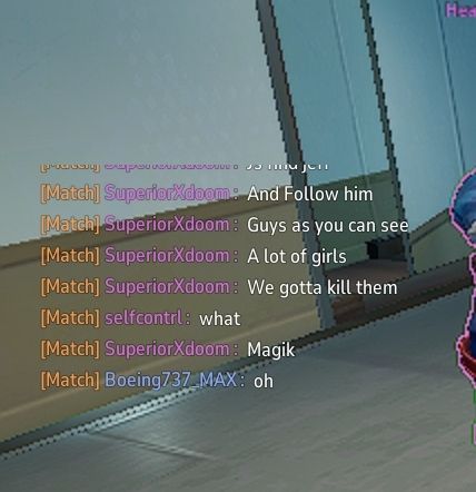 Screen from marvel rivals of the text chat in the previous image,

Daredevil: (use jeff) and follow him. guys as you can see a lot of girls we gotta kill them
Captain America: What
Daredevil: Magik
Gambit (me): Oh