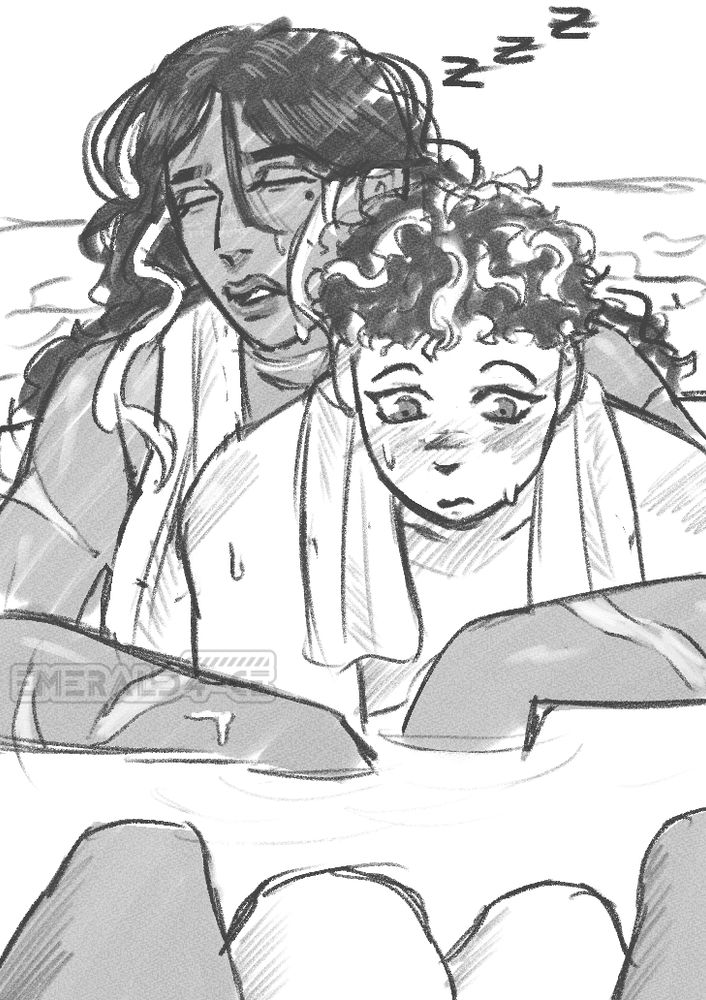 Peyton and Alan are in a hot spring. Alan holds him from behind and is asleep. Peyton is sitting between Alan's legs, making himself small and is looking down and blushing. 