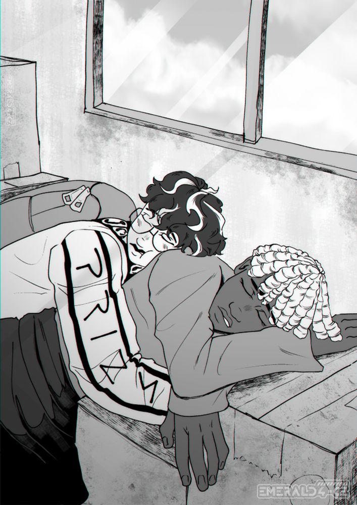 Peyton and Holland have fallen asleep while sitting on old boxes under a window. Holland is leaned over resting on the box next to him while Peyton is sleeping on him using holland's back for a pillow. Peyton is holding onto Holland as they rest peacefully.