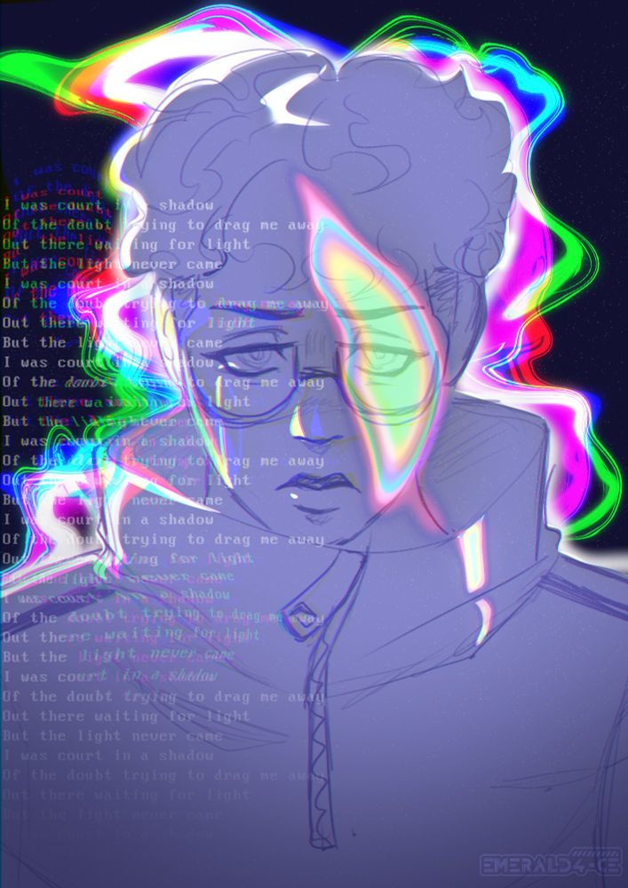 Illustration of Peyton in white against a dark background. Theres rainbow lights glowing around him and shining across his face. On the left hand side is a snippet to the lyrics from "Birthday Song" by Inja and Logistics. It reads 

"I was caught in a shadow of the doubt trying to drag me away.
Out there waiting for light
But the light never came" 

repeatedly down the side with chromatic distortions on the words.