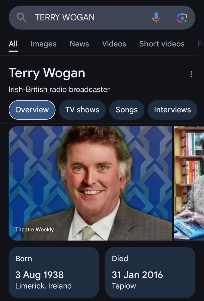 A “GOOGLE” DATABASE RETRIEVAL FOR “TERRY WOGAN”, SHOWING THE CORRECT FACE. IT HAS DEFINITELY NOT USED THE FACE OF A COMEDY IMPERSONATOR BY MISTAKE. 