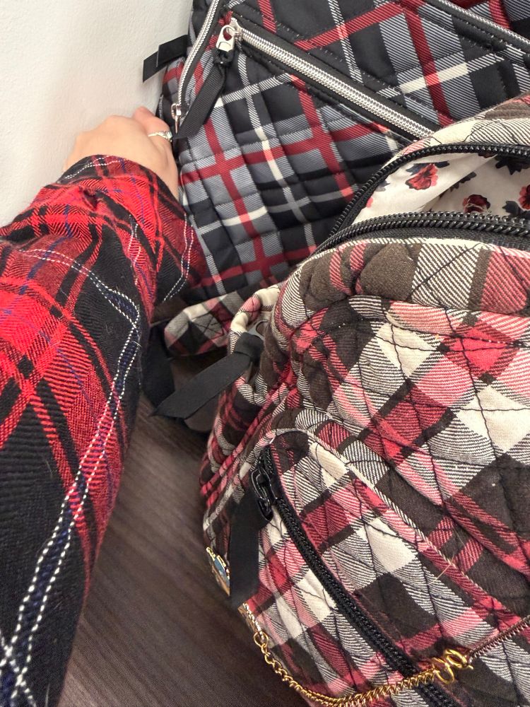 Backpack: black plaid with white and red accents

Backpack purse: red, white, and black plaid

Shirt: red and black plaid with blue and white accents.