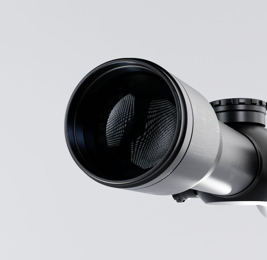 An ocular lens of a scope for a gun. The reflections are double and one of them is an inverse of the other.