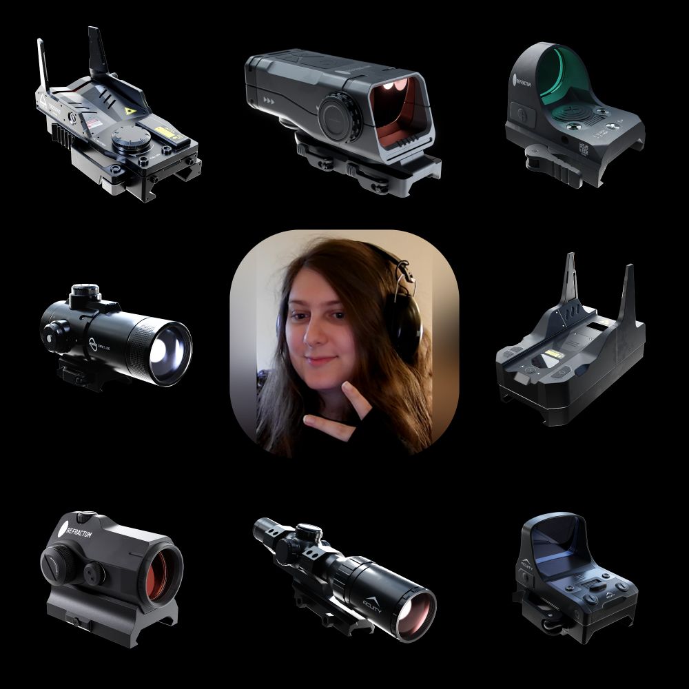 A picture of me in the center surrounded by 8 of my gunsight models.
From left to right, top to bottom:

1. A re-imagined HCOG from Titanfall (2014) in a new, shinier, more metallic style, viewed from the back left.
2. A rectangular prism scope with a red-tinted objective lens, viewed from the front right.
3. A small, open reflex sight with light coming through the lens tinting the finish green, viewed from the back left.
4. A small, cylindrical prism scope with an purple illuminated ocular lens, viewed from the back left.
5. A two-pronged holographic sight with an open top, viewed from the back right.
6. A closed-emitter reflex sight with a red-tinted objective lens, viewed from the front right.
7. A black LPVO with a red illuminated ocular lens clasped in a one-piece ring mount, viewed from the back left.
8. A rectangle-shaped open reflex sight with a deep blue tinted lens, viewed from the back left.