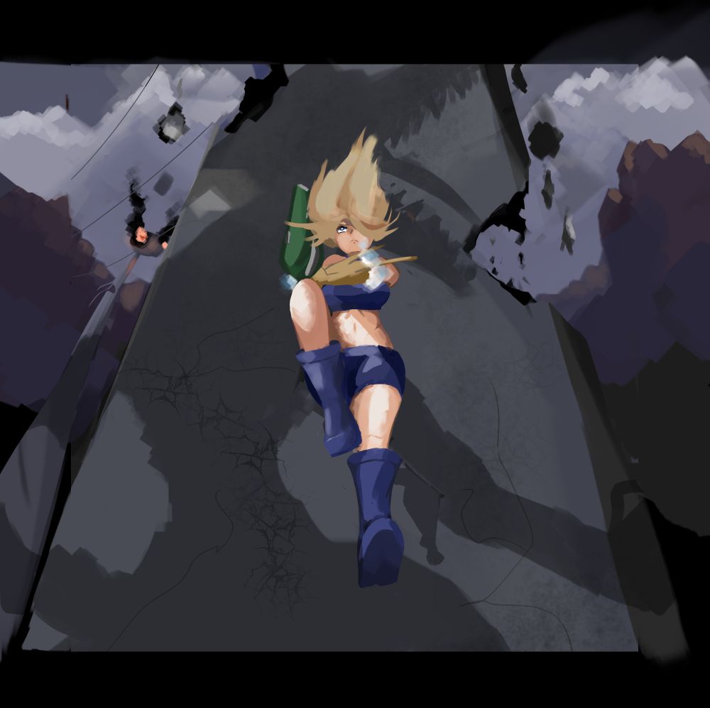 Samus falling down about to use her suit to fight ridley