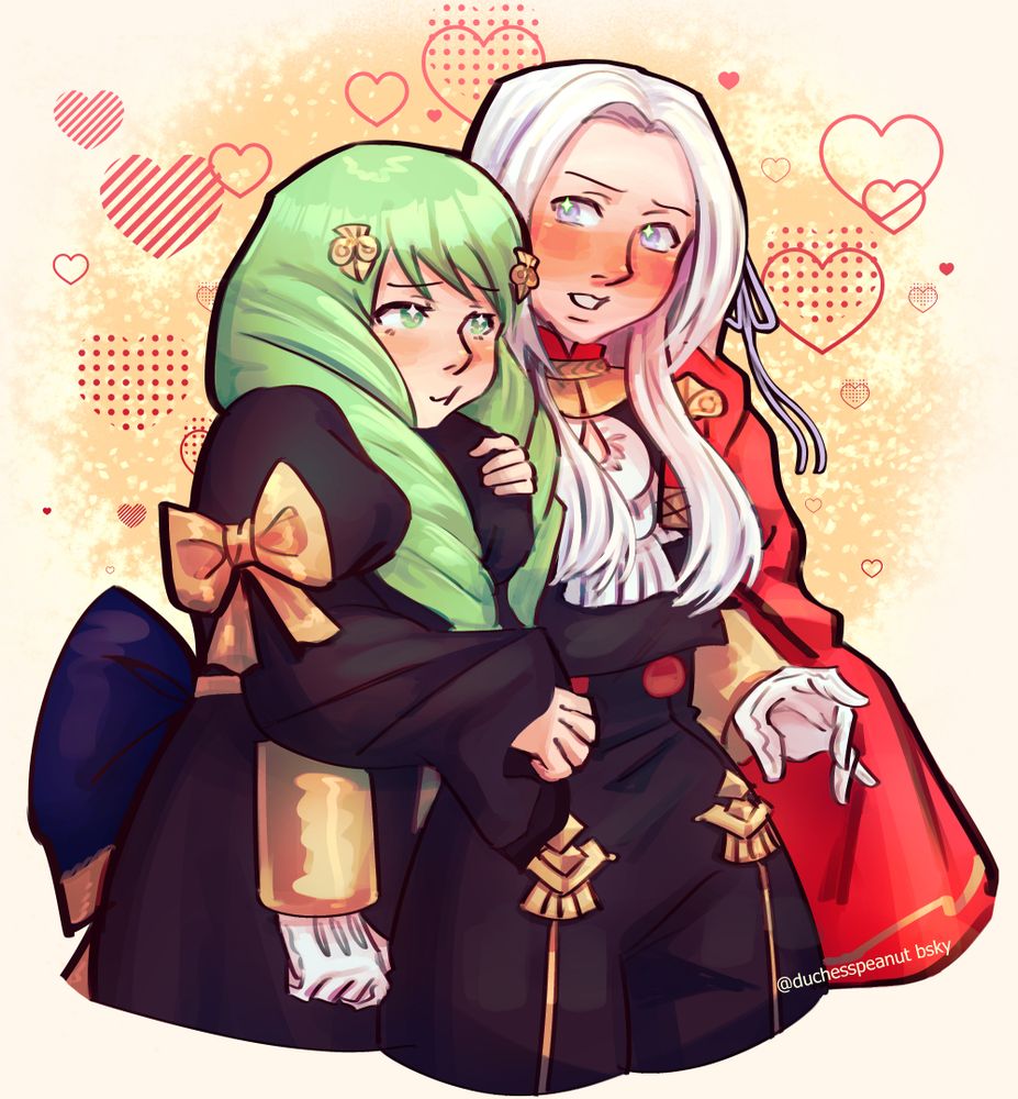 Illustration of Flayn clinging to Edelgard's arm with hearts surrounding them.