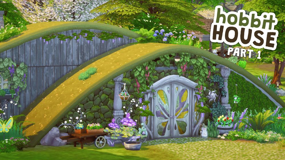 a cute hobbit inspired house in the sims 4, text says hobbit house part 1