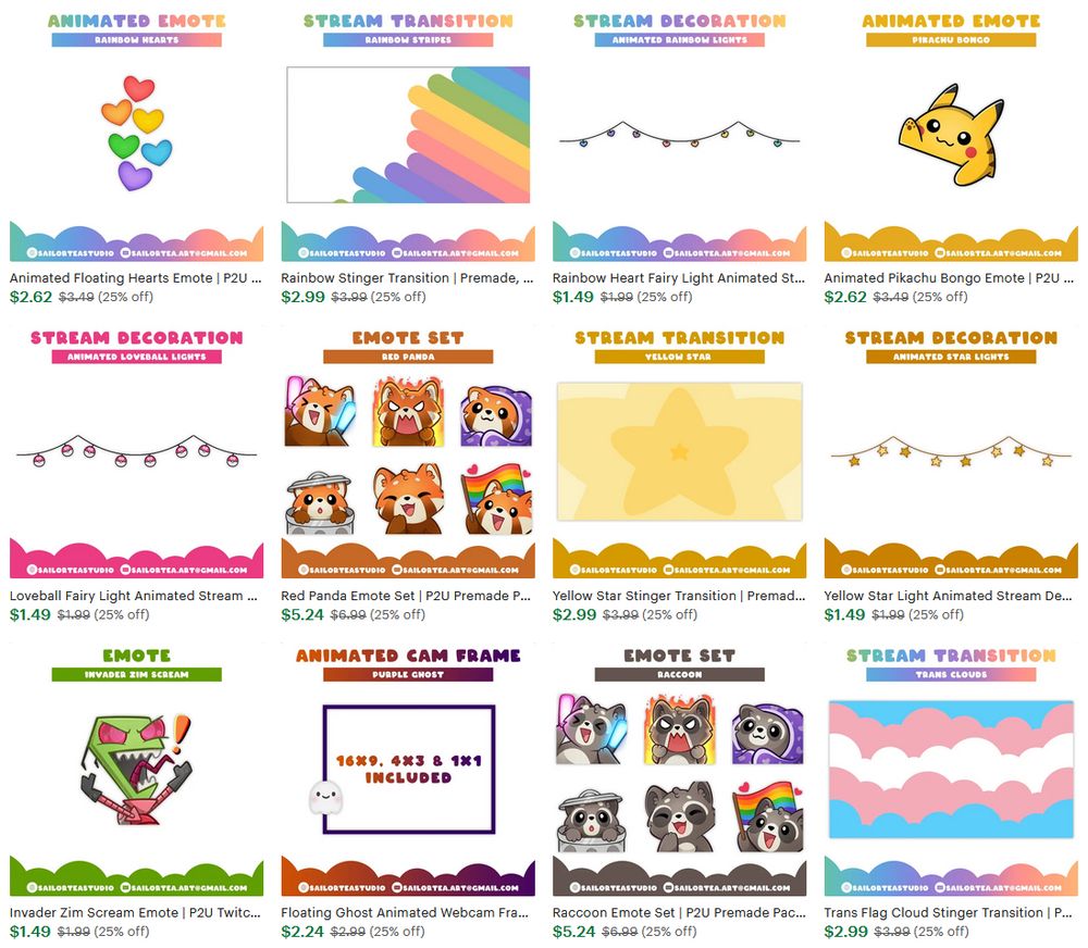 screenshot of some listings from zoe's etsy store, there are some emotes, stream decorations, transitions etc all showing they're 25% off 