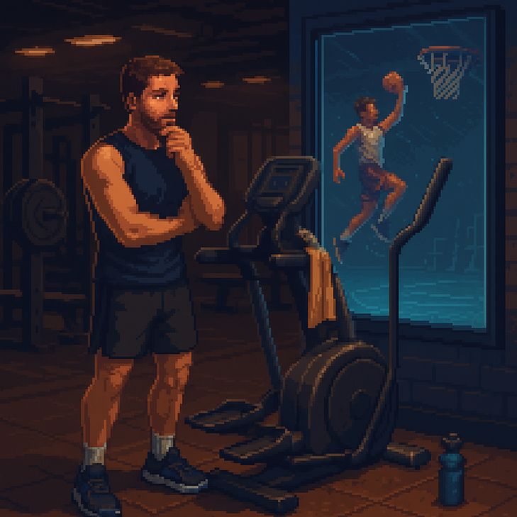 pixelart image of a man looking at a picture of someone playing basketball while training with an elliptical cross trainer