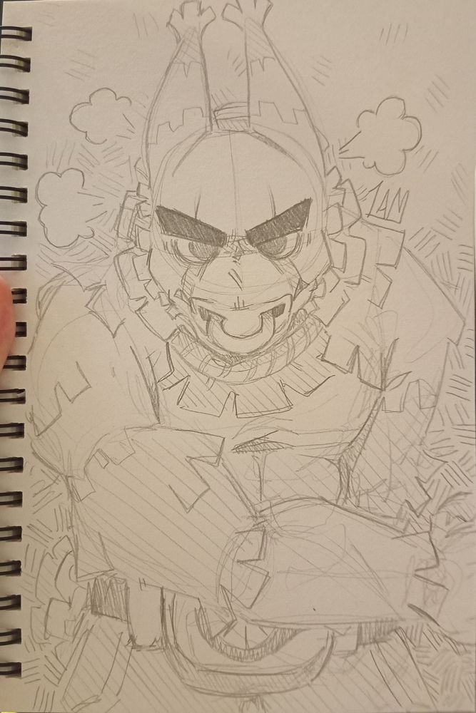 Diablo from Meleeniacs looking angry and puffing little bits of steam out of their head