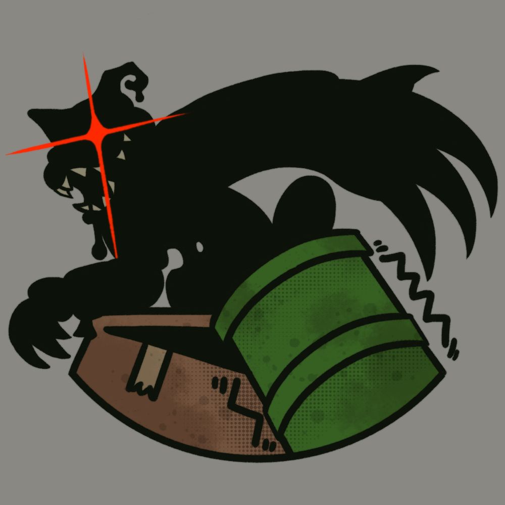 jermbomination drawn as a shadowy figure looming over a shivering box and barrel, presumably a player is hiding inside