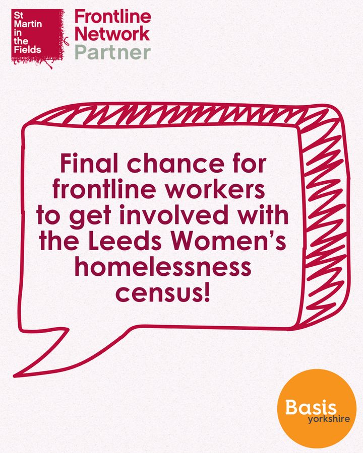 Graphic with Frontline Network Partner logo and Basis Yorkshire logo. A graphic speech bubble has text that reads: Final chance for frontline workers to get involved with the Leeds Women's homelessness census!