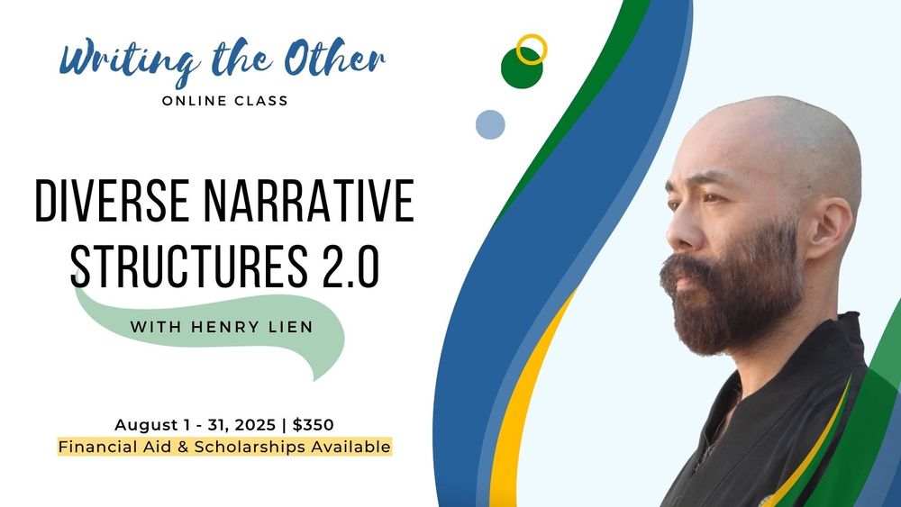 Henry Lien, an Asian American author with a bald head and a beard looks off into the distance, lost in thought. Text is the same as in post