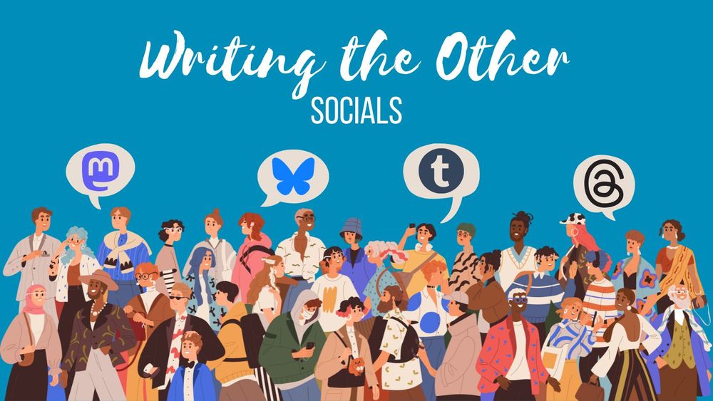 large crowd of cartoon people of many different identities, all talking together. speech bubbles above them have logos from all the socials