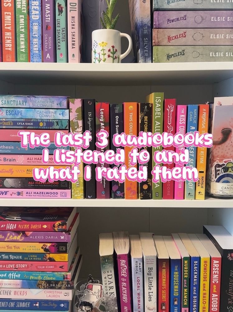 Cover with bookshelves titled “The last 3 audiobooks I read and what I rated them” 