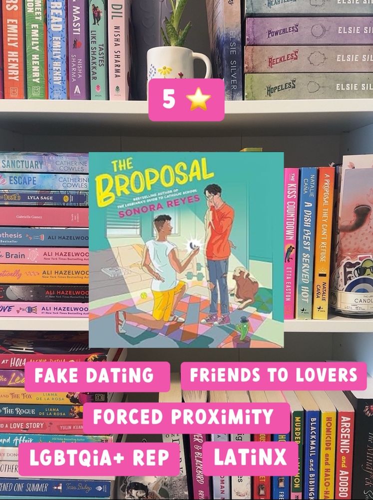  The Broposal by Sonora Reyes audiobook screenshot in front of bookshelves with 5 star rating and book tropes listed: fake dating, friends to lovers, forced proximity, lqbtqia+ rep and Latinx. 