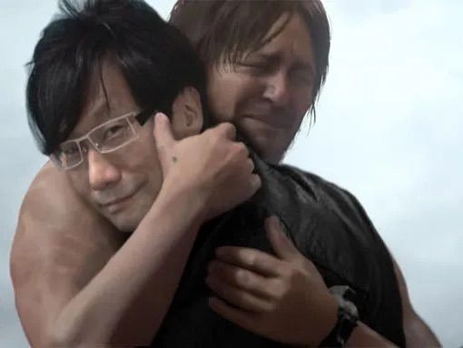 Image photoshoppée de Samuel Porter Bridges qui serre très fort Hideo Kojima dans ses bras.
