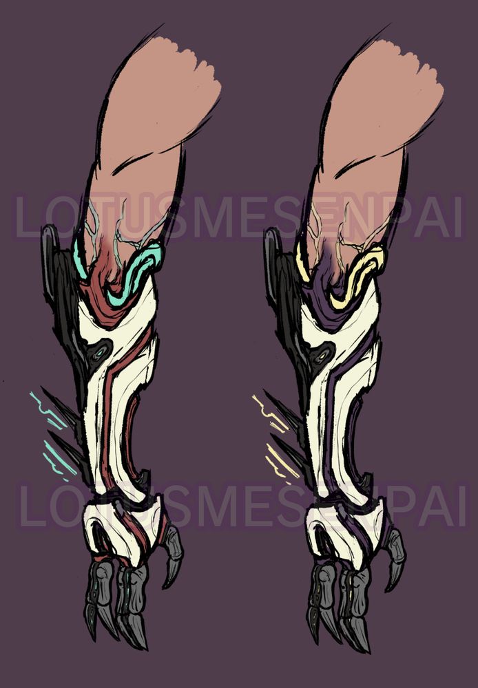 A digital drawing of a prosthetic arm designed in the style of the Sentient faction from Warframe. The prosthetic is from the elbow down and seems to be merging with the flesh. There are two color variants, one with red and teal accents, the other with purple and light yellow.