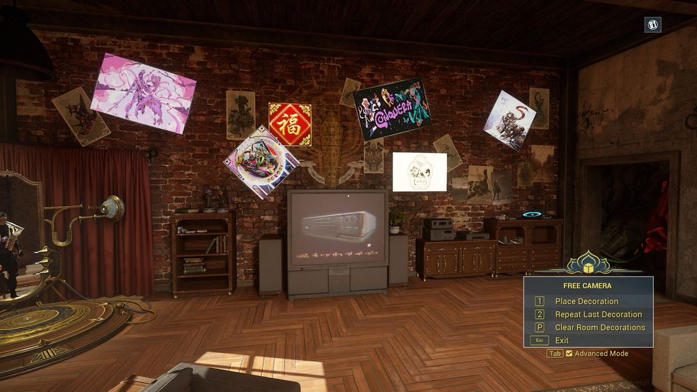 a screenshot from the game Warframe, showing a variety of posters placed haphazardly against a brick wall of a studio-style apartment; the posters are hanging above a tv and some shelves