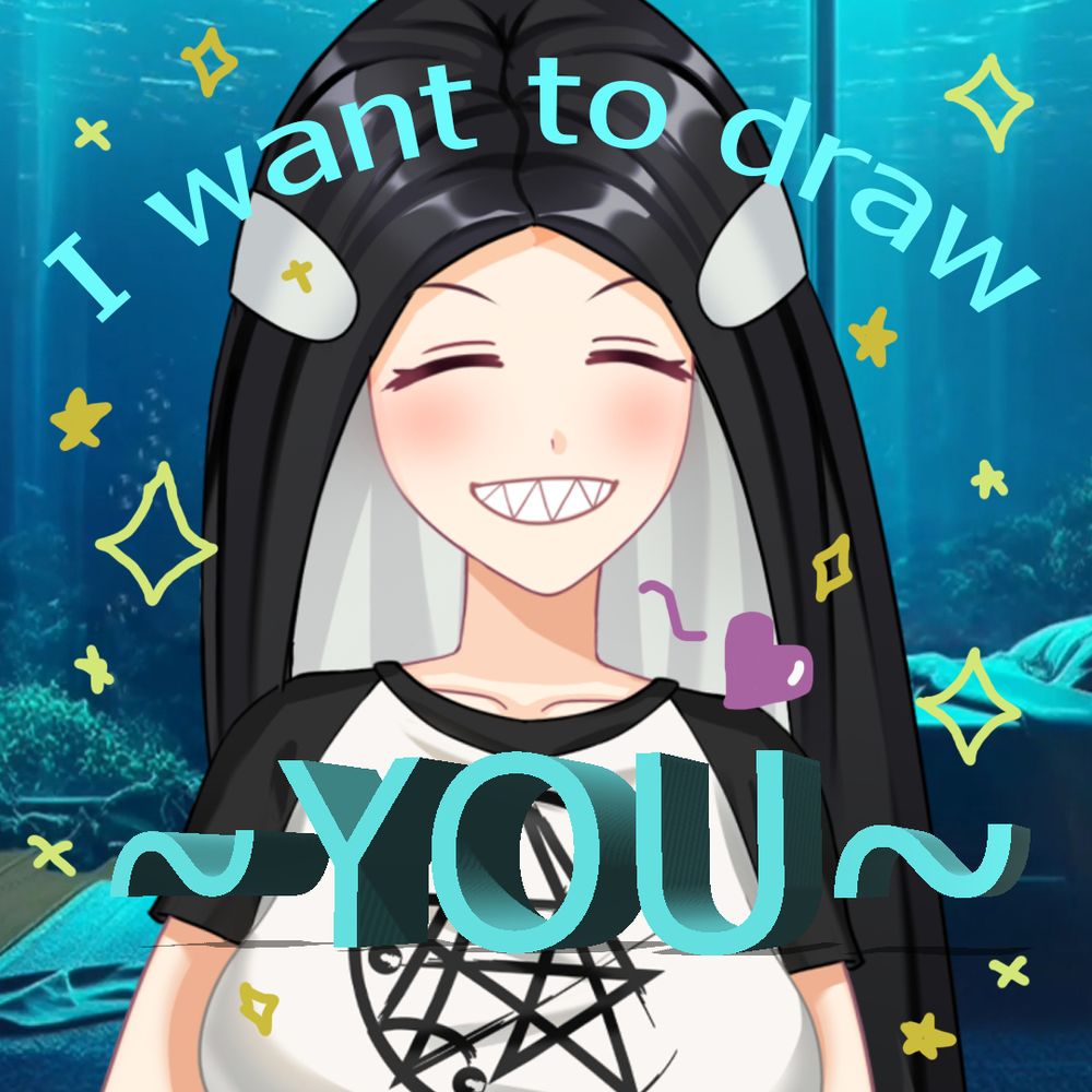 Asesina the Orca VTuber, smiling with a sparkles around her with a heart coming from her. Around her is the text "I want to draw you." Behind her is an oceanic themed background that has windows looking out over the seabed.