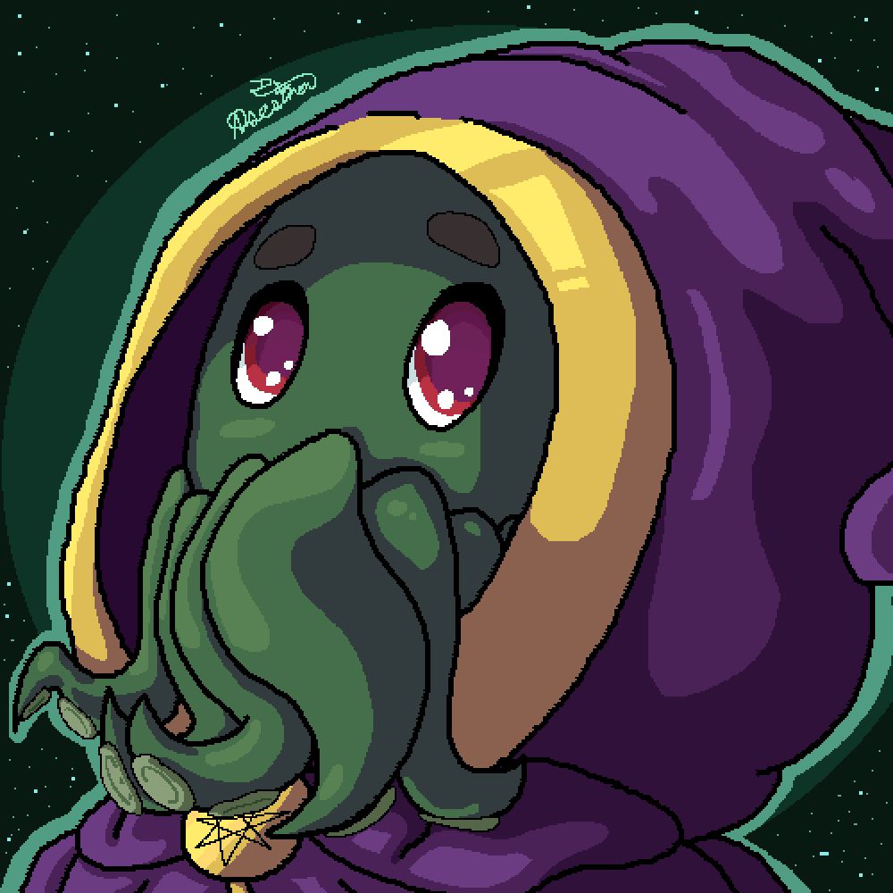 A pixel fanart of the Consentacle Disaster Monster VTuber, GMStarson. They are a green octupus, cthulu-esque humonoid with tentacles for their mouth and nose region reminisent of a beard, red eyes, and a purple cloak with golden accents and multipoint star medalian holding it together.