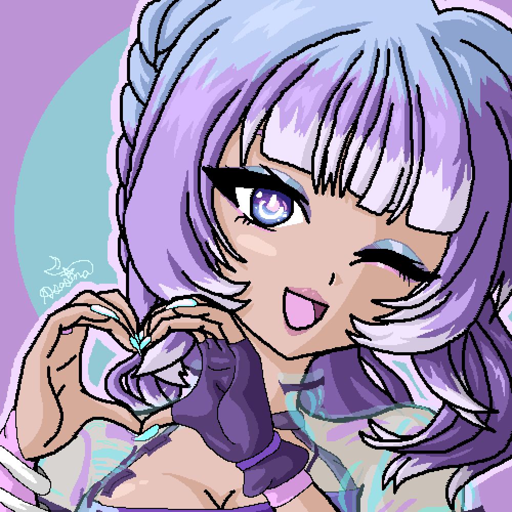 A pixel art of the variety VTuber, Rie Sonomura. She has tan skin, white nails that are have blue and purple highlights, long blue to purple to white hair, pink lips, blue to purple eyeshadow on top and pink on bottom, purple on top and blue on bottom eyes with a white power symbol for the pupil, a purple top that reveals their cleavage slightly, two white braclets on their right arm as well as a pink middle finger glove, a fingerless purple glove on the right hand with a pink bracer underneath, and a rainbow translucent jacket (that Asesina struggled with) with purple accents.