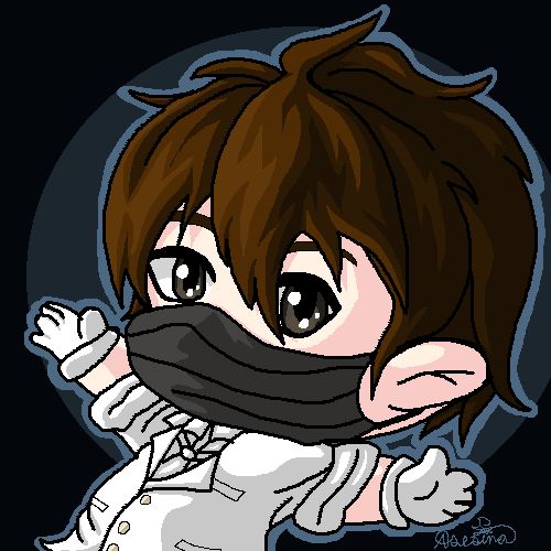 A chibi pixel art of the VTuber Silent Unityy. They have short brown hair, light skin, grey-brown eyes, a grey mask, a white suit top with yellow buttons, white colared shirt and white tie, and white gloves.