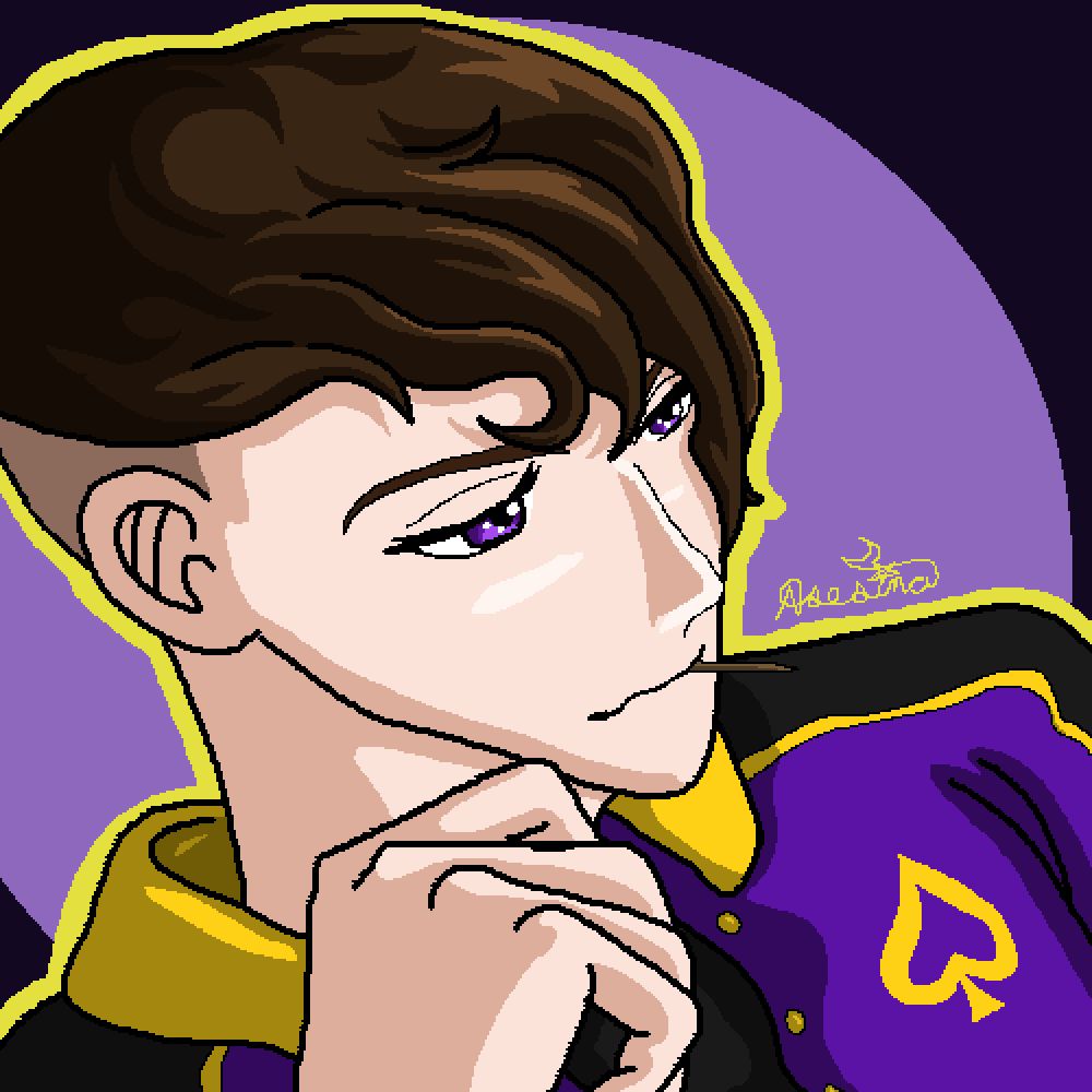 A pixel art of the delivery driver and wrestler VTuber, Woobs. They have light skin, short brown hair where the sides of their head are shaved, purple eyes, a toothpick in their mouth, a black shirt, and a purple varsity jacket with a yellow collar, yellow spade on their chest, yellow buttons, and yellow and black stipes running down their sleeves.