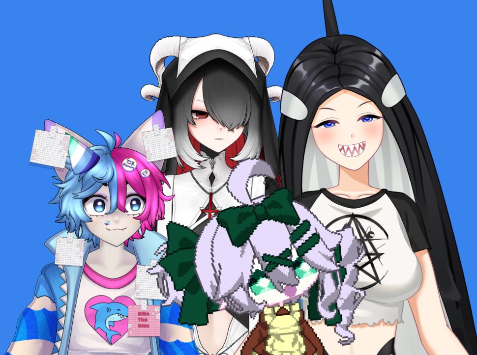 A group photo of Meiko, Solo, Cl0ud, and Asesina all posed up and smiling with the exception of Cl0ud who is frowning