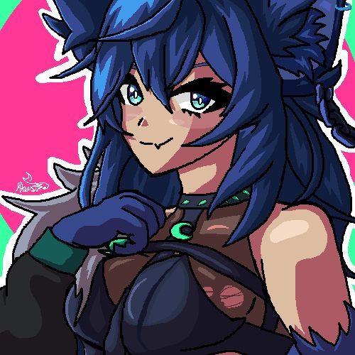 A pixel art fanart of the laid back werewolf VTuber, Illia Rieka. She has tan skin, green-blue eyes, a snaggle tooth grin, a section where her arm turns to blue fur at the bicep where her hand is also a werewolf hand with green paw pas and claws, long blue hair and fluffy blue ears, a chain earring on their right ear and blue ring earrings on the same ear, a blue leather top with mesh around the bust that is torn near the bossom, a blue tie with a green moon charm, a green spiked blue collar, and a grey jacket with green cuffs and grey fur around the collar.