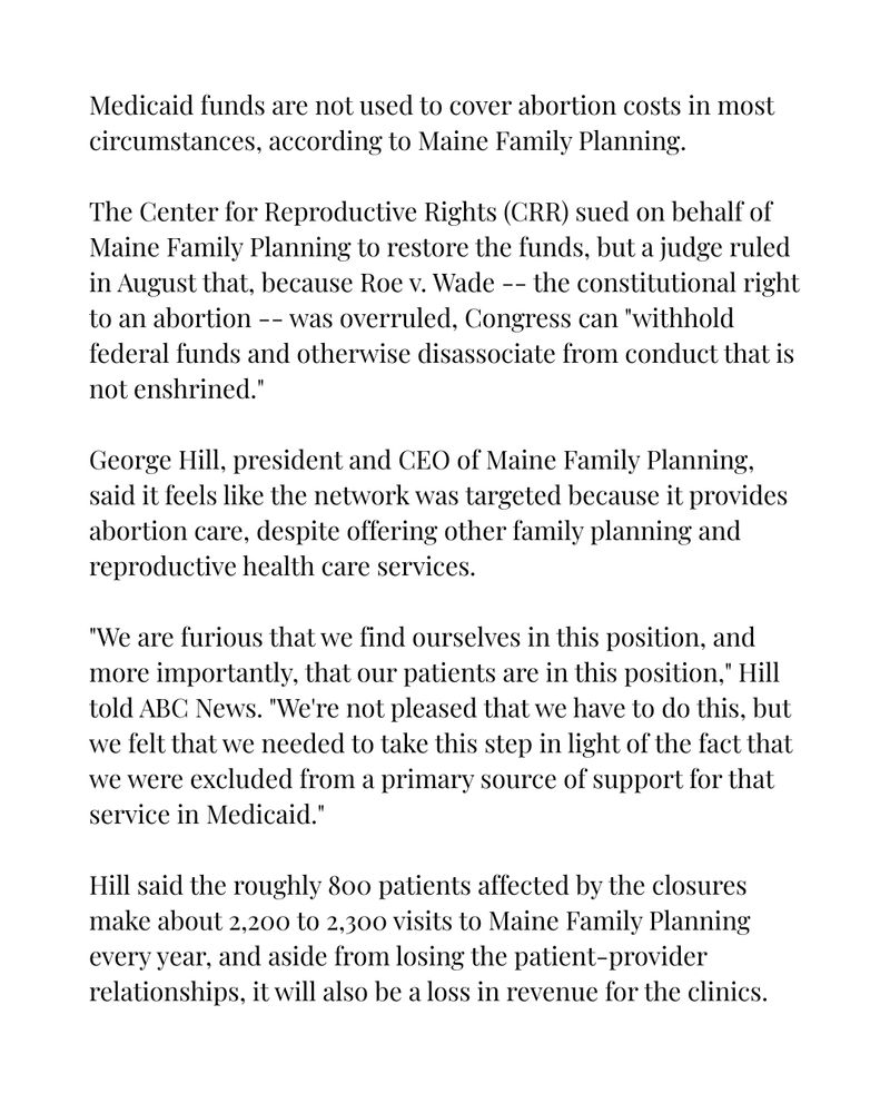 Read more here: https://abcnews.go.com/Health/maine-abortion-clinics-end-primary-care-services-after/story?id=127035441