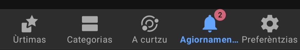 Screenshot della barra di navigazione di F-Droid: "Ùrtimas", "Categorias", "A curtzu", "Agiornamentos" e "Preferèntzias"
