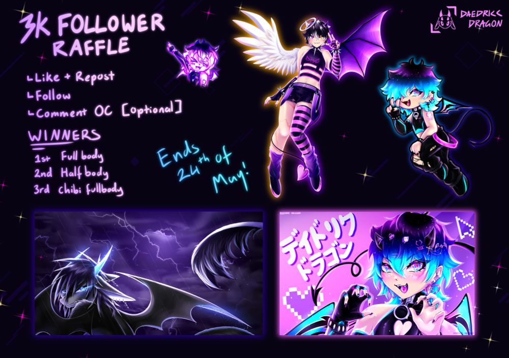 3K Follower Raffle

Rules
- Like + Repost
- Comment OC (optional)
- Follow

Winners 
1st Fullbody
2nd Halfbody
3rd Chibi Fullbody

Ends 24th of May!