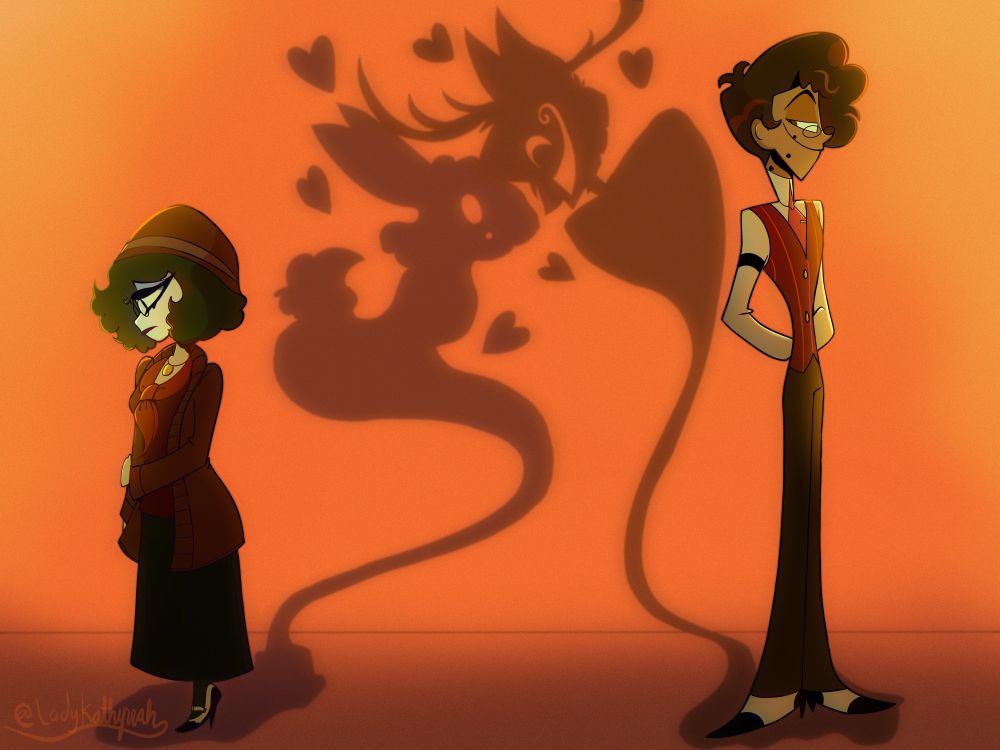 My OC and Alastor both human and their shadows