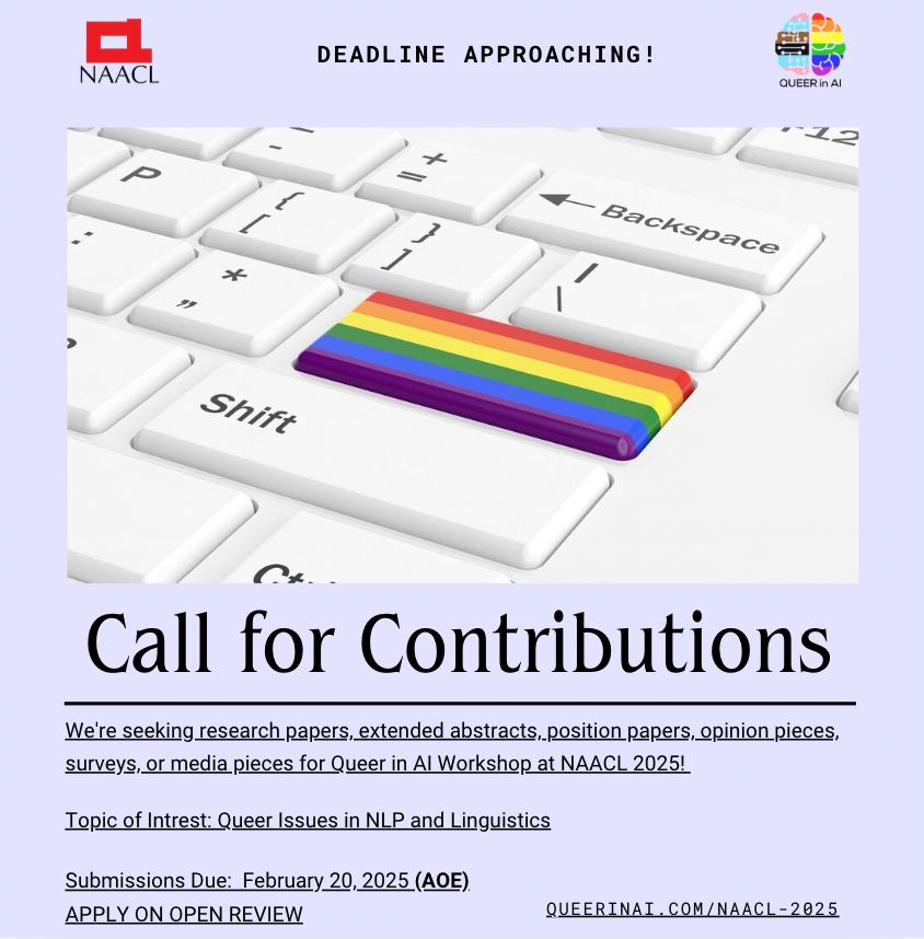 Decorative graphic for call for contributions. Graphic reads: "We're seeking research papers, extended abstracts, position papers, opinion pieces, surveys, or media pieces for Queer in AI Workshop at NAACL 2025! Topic of Intrest: Queer Issues in NLP and Linguistics"