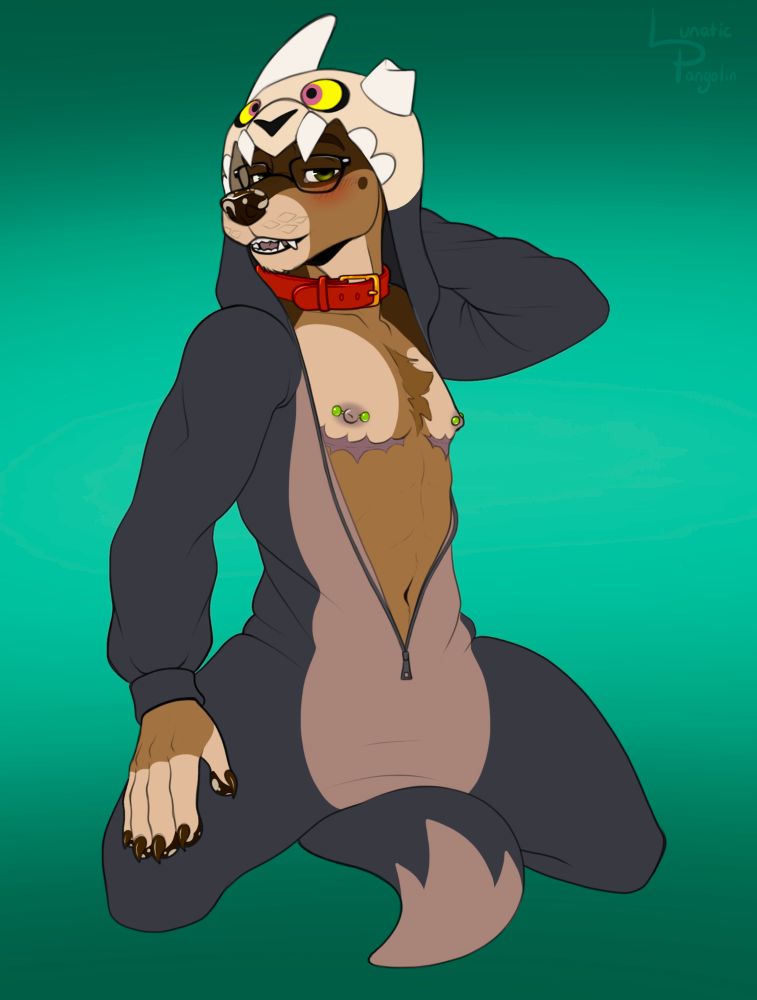 A trans male doberman/Rottweiler mix on his knees, he has a collar on and various piercings and wearing a kigu that looks like King from The Owl House